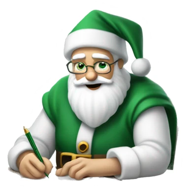 White Father Christmas is sitting on a desk, writing something down on a sheet of paper, solving complicated math puzzles, you can see the math tasks/ exercises sticker