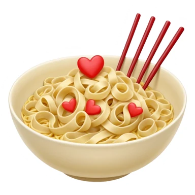 loose tangle of pale yellow cooked noodles with soft glossy texture and natural curves, strands slightly twisted and overlapping, freshly prepared dish, no bowl chopsticks or sauce, soft lighting, subtle shadows, emoji scale, make the noodles heartshaped and add tiny red hearts on the noodles sticker