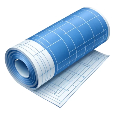 blue blueprint plan with white lines, partially rolled up, perspective view sticker