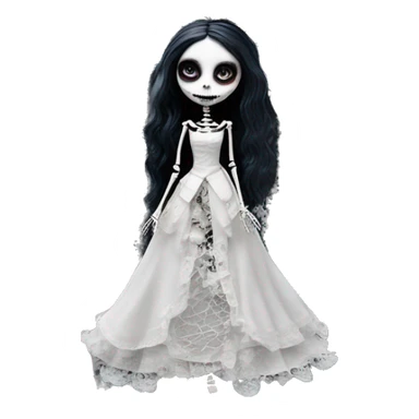 full height skeleton, tim burton "corpse bride", thin porcelain doll with a cracked face, goth makeup watery eyes, long hair, lace and ruffles, lolita style, inked, black and white, red roses, gothic castle with roses sticker