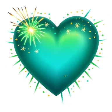 emoji: teal and neon green gradient heart with sparklers and firework confetti from behind. sticker
