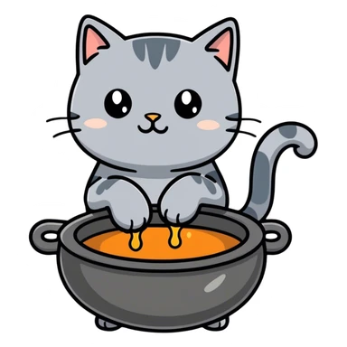 Grey cat with witch's cauldron sticker