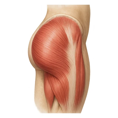 realistic and educational illustration of the gluteus maximus muscle, lateral view, anatomical details, neutral background, no explicit references to sensitive parts sticker