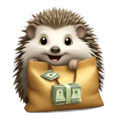 A cute hedgehog is sitting with a bag of money sticker
