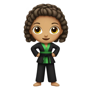 Girl with a wearing a black martial arts suit with a green belt and a brown braid sticker