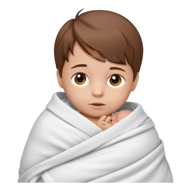 A new born baby boy wrapped in a swaddle with brown hair sticker