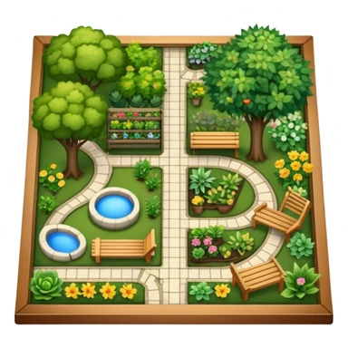 Icon for Landscape Design: a garden layout with trees, plants, pathways, and outdoor furniture, along with design tools like a ruler, pencil and sketchpad. The icon should represent the creativity and planning behind landscape design. Transparent background. sticker