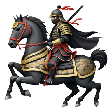 clash-of-clans-aesthetic_-cinematic-fearsome-and-majestic-samurai-bust-portrait-emoji, rendered in a flat, vector-style with minimal shading and bold, simplified shapes typical of emoji art, depicting a battle-hardened samurai with black mask and traditional black Japanese armor. The samurai is riding a noble grey warhorse adorned with an intricately designed saddle and fluttering banners and a rising sun. a zoomed in samurai riding on a  horse sticker