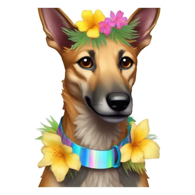  brindle brown black maroon striped lurcher Alsatian fox running blue eyes and iridescent holographic oilslick harness wearing paper iridescent tropical flower crown yellow caution tape sticker