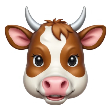 Create a cow face emoji that looks exactly like the reference image, in iOS emoji style. The emoji should have 3D appearance, shiny surface, smooth gradients, soft shadows, a friendly expression, black and white markings, and horns. Add a glossy effect to the nose. sticker