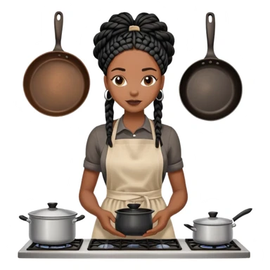 A dark-skinned Black woman with black box braids, wearing an apron, with a pot on the stove. sticker