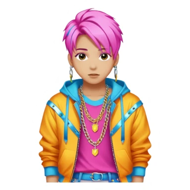 portrait of young idol in Kpop style, wearing flashy streetwear outfit, colorful dyed hair, confident pose, accessorized with chains  sticker