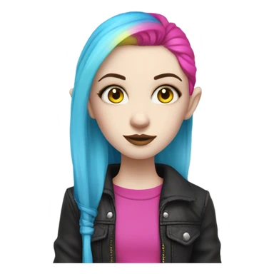 Blue eyed long eye lashes pale hime gyaru girl, hot pink and yellow split-dyed hair, nose ring, elf ears, dark makeup, punk clothes sticker