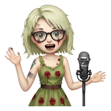 singer, Zombie girl, super happy, wearing dress, singing to mic, glasses sticker