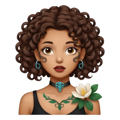 Alternative girl with curly dark brown hair and a magnolia throat tattoo sticker