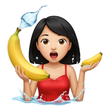 a banana splashing water in girl's mouth above her with black hair and red dress sticker