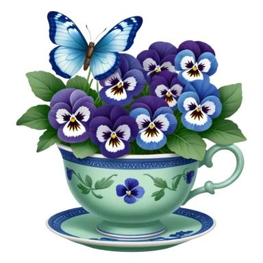 A cluster of blue and white pansies in an antique green porcelain cup, with a blue butterfly gently landing on a petal sticker