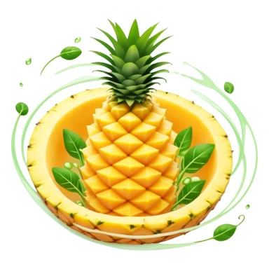 Golden pineapple slices, translucent papaya pieces, and green sprouts floating in a gentle spiral around a luminous stomach, with flowing light lines swirling like whirlpools, representing light, clean, and vibrant digestion. The foods emit a soft glow showing their enzymatic properties. sticker