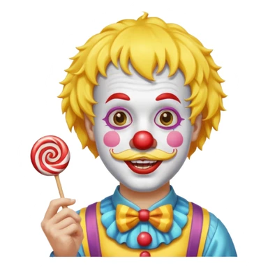 Funny clown — yellow wig, mustache, candy in hand sticker