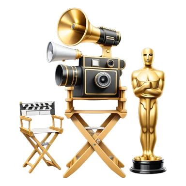 Icon for Directing: a director's chair, a large film camera, a megaphone, a stage set with lights and an Oscar statuette. The icon should represent the creative and leadership aspects of directing, with focus on film and theater production. Transparent background. sticker