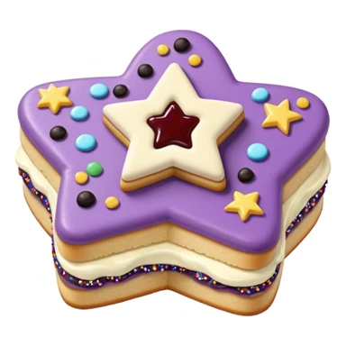 a pastel purple sandwich cookie with soft crumbly texture, a star-shaped jam cutout in the center showing glossy dark berry filling, and creamy filling with colorful sprinkles.  sticker