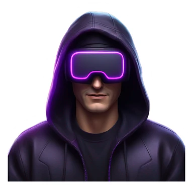 Russian man wearing a black hoodie with "OMG" letters on it and VR headset in a cyberpunk VR environment with violet neon lighting. sticker