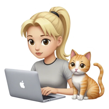 Blonde woman ponytail with MacBook and cat sticker