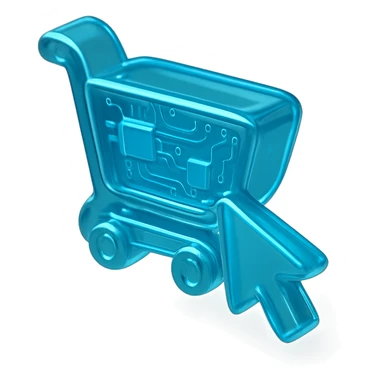 Flat icon of a shopping cart with a digital cursor, cyan blue sticker