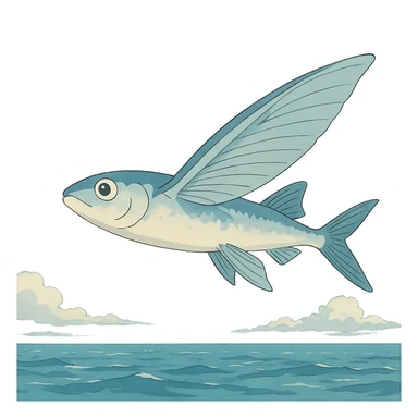 ghibli style flying fish above the ocean sticker