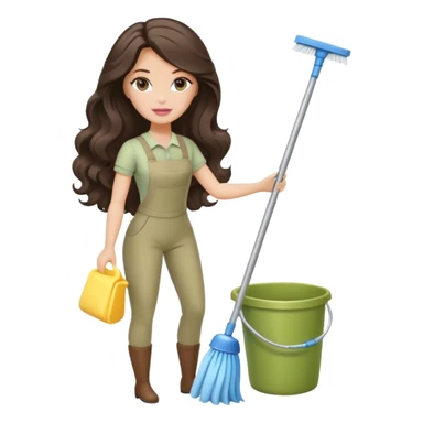 A white Barbie girl with long dark brown wave hair in a pale olive clothes doing cleaning sticker