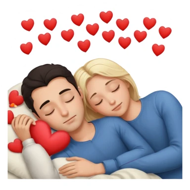 Sleeping romance couple. man has dark hair. woman is blonde. hearts around them. no third person. sticker