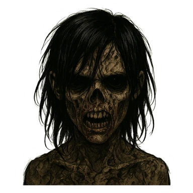 boy zombie with black hair, emo style, creepy, long hair, scary, black eyes, brown skin, more intense expression sticker