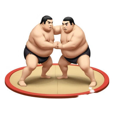 Two sumo wrestlers in a classic dohyo ring, each displaying powerful stances and ready to engage in a fierce match. One wrestler attempts a pushing attack, while the other counters with a thrust. The background shows the traditional sumo arena and spectators. Transparent background. sticker