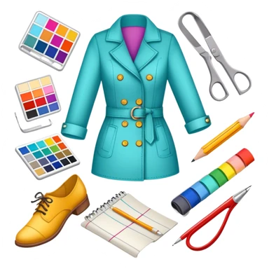Icon for Fashion Design: sketches of clothing, shoes, and accessories with design tools like a pencil, fabric swatches, and a measuring tape. The icon should represent creativity in fashion design and tailoring. Transparent background. sticker