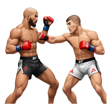 Two MMA fighters in the octagon, one delivering a strong punch while the other defends with a guard. The background shows the UFC octagon with the crowd in the distance. Transparent background emphasizes the dynamic intensity and skill of mixed martial arts. sticker