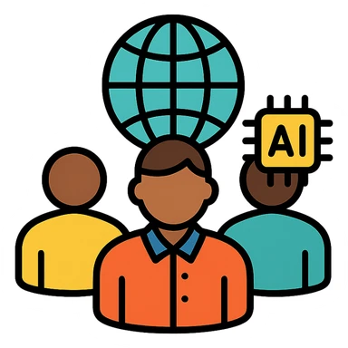 online community symbol for managers navigating AI changes, combining people, a globe or network, and a small AI element like a microchip or robot face sticker