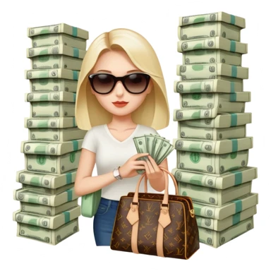 Old money women with sunglasses and Luis Vuitton bag and lots of money  sticker