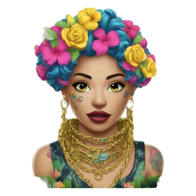 Trendy lady tropical multicoloured baroque hoodie with tattoos and gold chain sticker