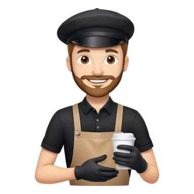 white starbucks barista with a short beard and a paperboy hat and a black shirt cap wearing black gloves and smiling sticker