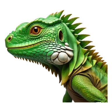 Cinematic Realistic Noble Iguana Portrait Emoji, Poised and commanding, with a robust, elongated body covered in intricately detailed, rough scales in vibrant shades of green with earthy brown accents, and a sharply defined head with piercing amber eyes, rendered with lifelike texture and natural light that accentuates every scale, high shine, intelligent and formidable, styled with an air of tropical authority, focused and attentive, soft glowing outline, capturing the essence of a watchful and confident iguana that appears ready to bask in the sun with effortless grace! sticker