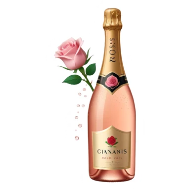 bottle of sparkling rosé champagne with a rose logo on the label, with the cork popping out from the top, tilted up and to the left, no glass sticker