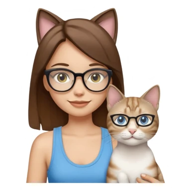 iOS-style emoji of a light-skinned girl with straight medium brown hair, black glasses and a white tank top, holding two cats: one white with yellow eyes and one gray tabby Siamese with blue eyes. sticker