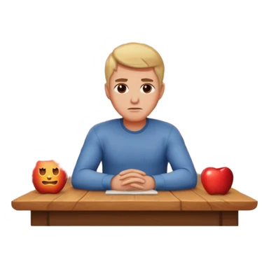 a man sits sadly at a table, a burning house with visible flames behind him, apple style emoji sticker