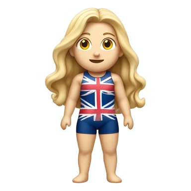 A girl with long blonde hair with wide shoulders wearing a Great Britain rowing swimming suit and has small muscles and add a necklace that has a sea shell pendant on it. The necklace is around the neck and the pendant is on her chest sticker