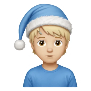 create boy blonde hair long messy, light eyes, white t shirt, rich, long hair, eyes blue, acessory head cristimas blue hat sticker