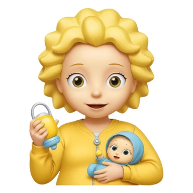 A 3D cartoon baby character fully yellow skin, styled like Maggie Simpson, with pacifier, yellow onesie, big eyes, smooth shading, Memoji-style rendering, consistent with other yellow Simpsons characters. sticker