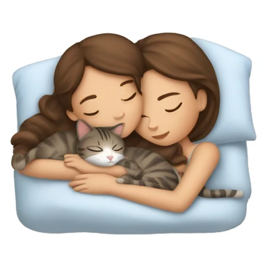 brown haired girl sleeping with tabby brown cat in bed sticker
