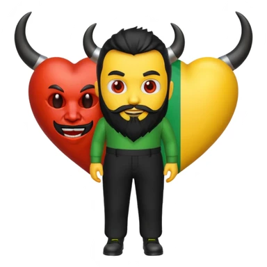 3D yellow heart emoji, devil face, full black beard, black horns and tail. Top: Italian flag. Bottom: Cornish flag trousers. Apple style, glossy, white background. sticker
