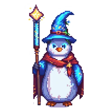penguin wizard holding glowing wand, starry robe, pixel art style sticker