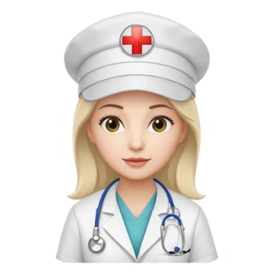 female doctor with white uniform and white hat with hospital logo on hat sticker